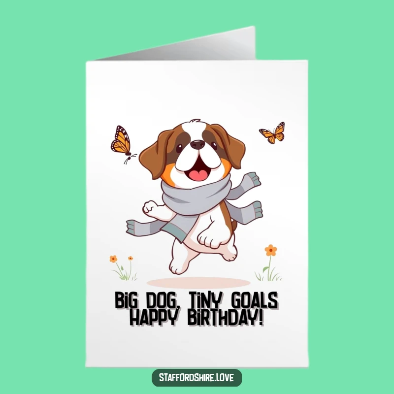 Free Printable Birthday Card: Funny Saint Bernard Chasing Butterfly Downloadable Gift