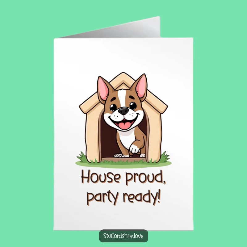 Free Printable Birthday Card: Grinning Staffordshire Dog, Funny Downloadable Gift for Dog Lovers