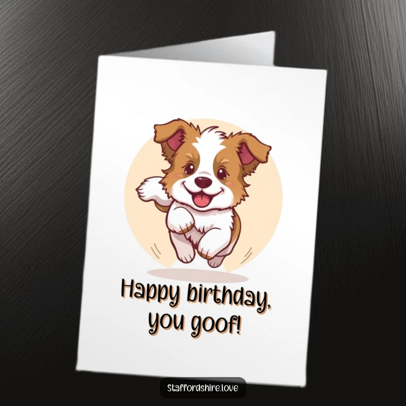 Funny Free Printable Birthday Card shows a happy Staffordshire pup gleefully spinning in a circle chasing its fluffy tail.