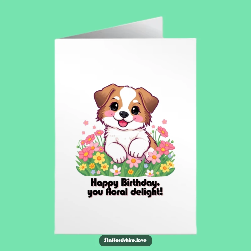 Free Printable Birthday Card: Happy Staffy Flower Roll, Cheerful Downloadable Gift