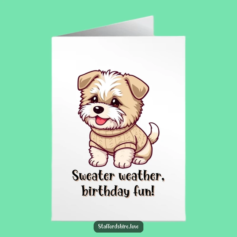 Free Printable Staffy Birthday Card: Cozy Sweater Wagging Tail Downloadable Gift