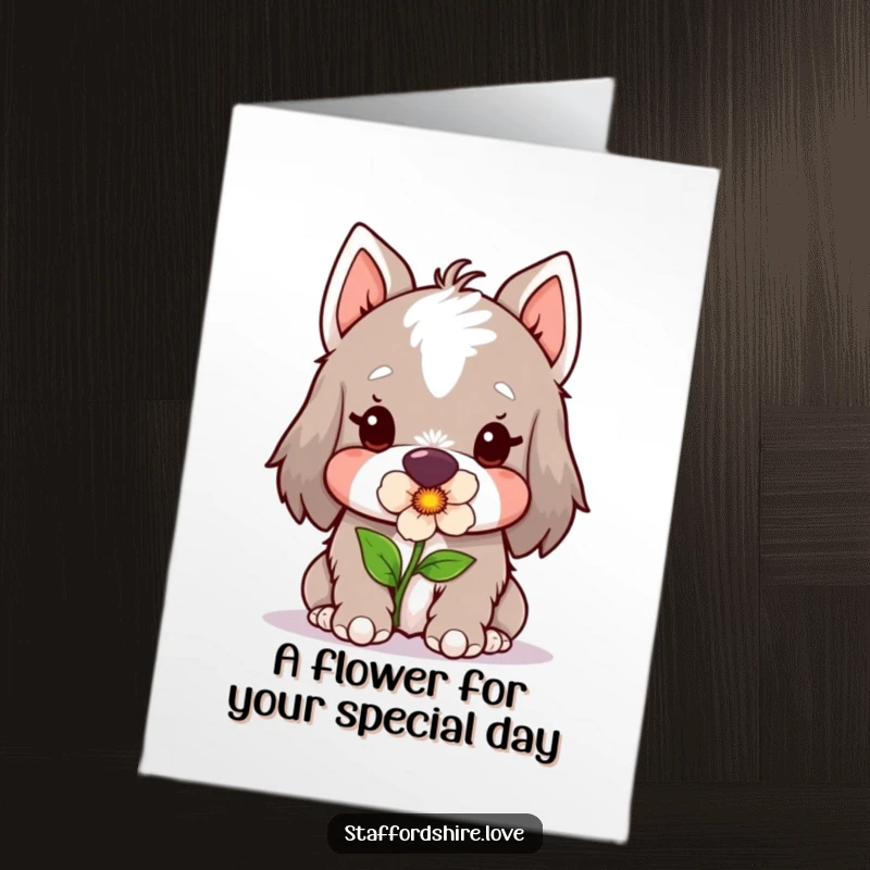 Funny Free Printable Birthday Card: Kawaii Staffordshire dog holding a flower gently, offering a sweet birthday gift.