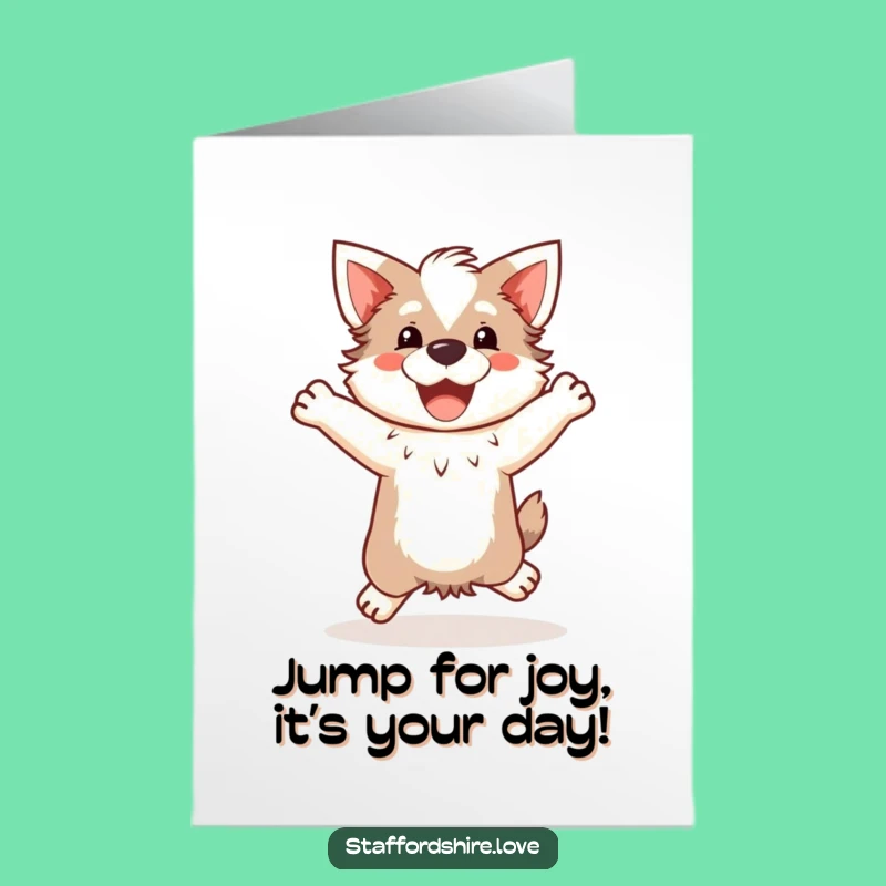 Free Printable Staffy Birthday Card: Happy Jump Downloadable Greeting for Joy