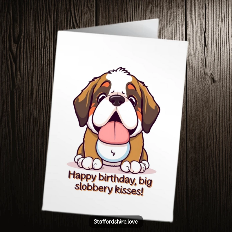 Funny Free Printable Birthday Card: Cute kawaii Saint Bernard eagerly offering a slobbery toy with a happy expression.