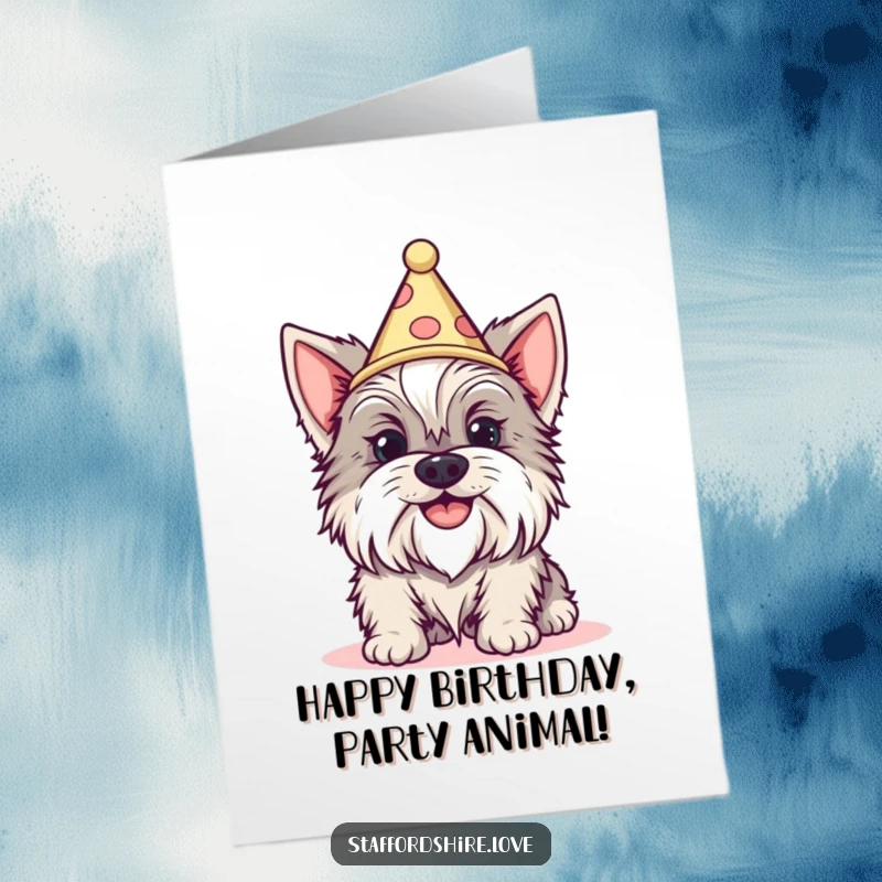 Funny Free Printable Birthday Card shows a happy Staffordshire with a silly grin sporting a comically small cone party hat.