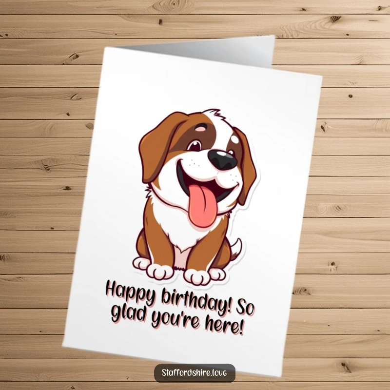 Funny Free Printable Birthday Card: Happy Kawaii Saint Bernard panting with a wide, joyful grin, perfect for dog lovers.