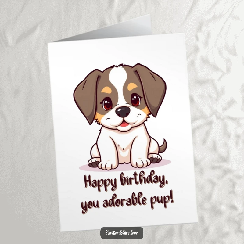 Funny Free Printable Birthday Card: Kawaii Staffordshire puppy with floppy ears playfully nudging forward, full of birthday excitement, a downloadable treat.