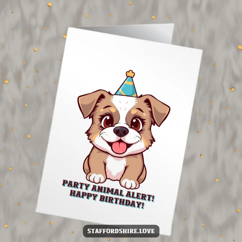Funny free printable birthday card: a Staffordshire dog wears a tiny party hat, looking excited for fun.
