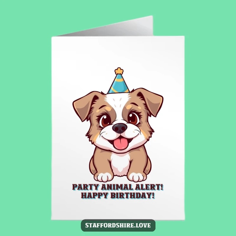 Free Printable Staffy Party Hat Birthday Card: Excited Fun Downloadable Gift