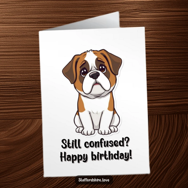 Funny Free Printable Birthday Card: Kawaii Saint Bernard tilting head in sweet confusion, perfect for dog lovers.