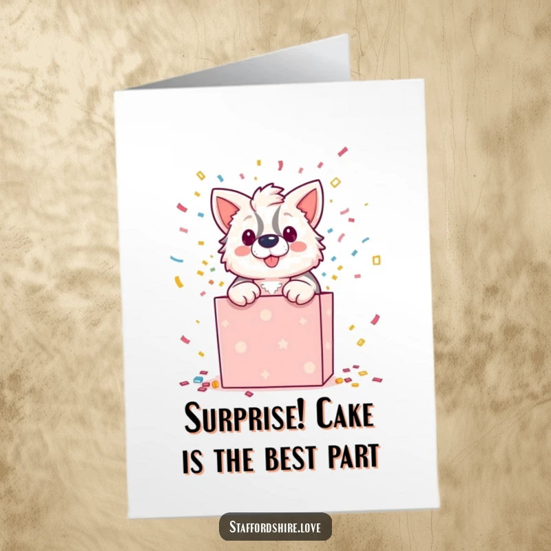Funny Free Printable Birthday Card: Staffordshire dog exploding from gift box with confetti, pure celebratory chaos.