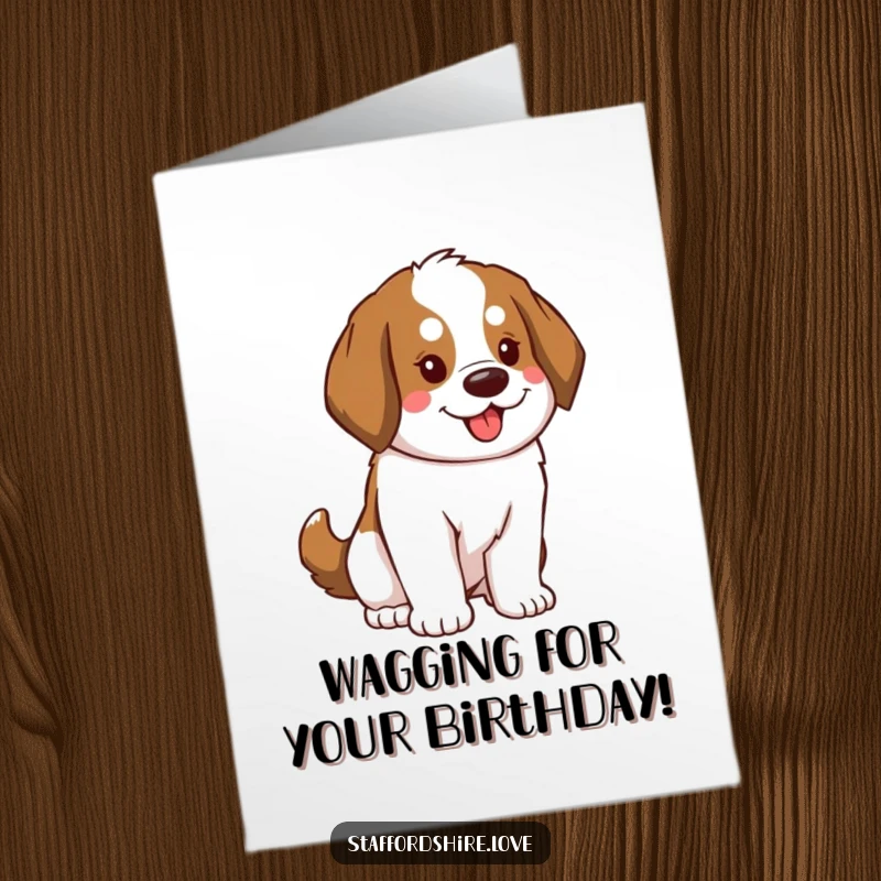 Funny Free Printable Birthday Card: Saint Bernard's fluffy tail wags enthusiastically, full of birthday excitement.