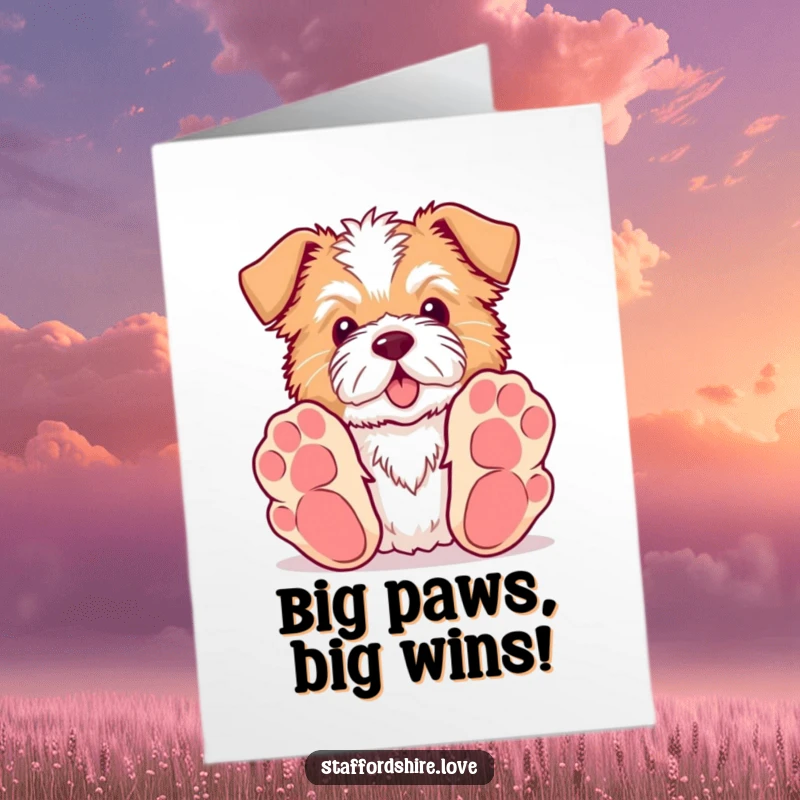 Funny Free Printable Congrats Card: Kawaii Staffordshire dog with big paws reaches for a congratulatory toy.