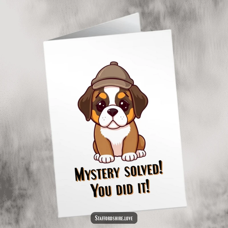 Funny Free Printable Congratulations Card: A Saint Bernard puppy wearing a detective hat examines clues with a determined, cute expression.