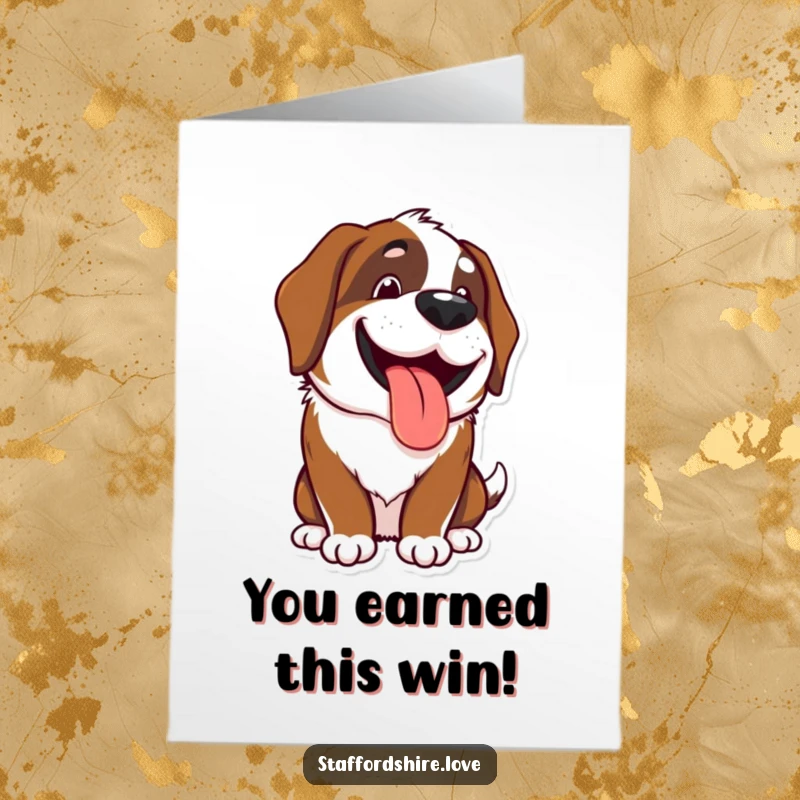 Funny Free Printable Congrats Card: Happy Kawaii Saint Bernard panting with a wide grin, celebrating success.