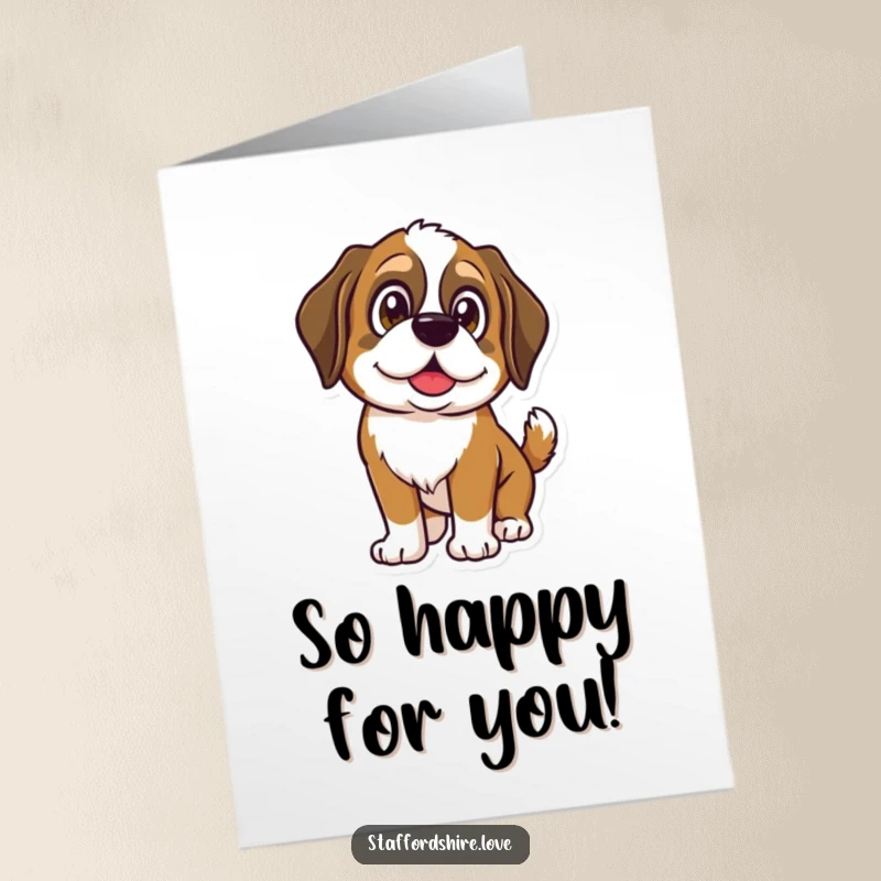 Funny Free Printable Congratulations Card: Saint Bernard wags tail with shining eyes, celebrating achievements with pure doggy happiness.