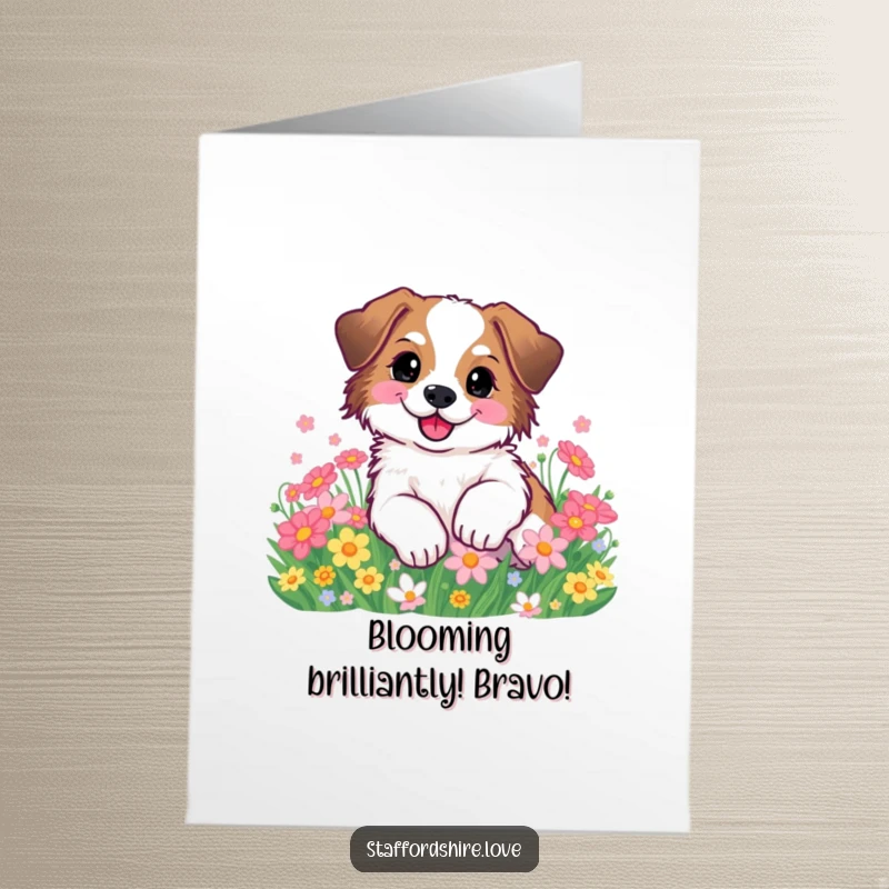 Funny Free Printable Congratulations Card: a joyful Staffordshire rolling blissfully in a vibrant flower bed, celebrating success.