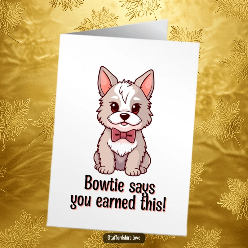 Funny Free Printable Congrats Card: Kawaii Staffordshire dog in a bowtie sits proudly, celebrating a grand achievement.