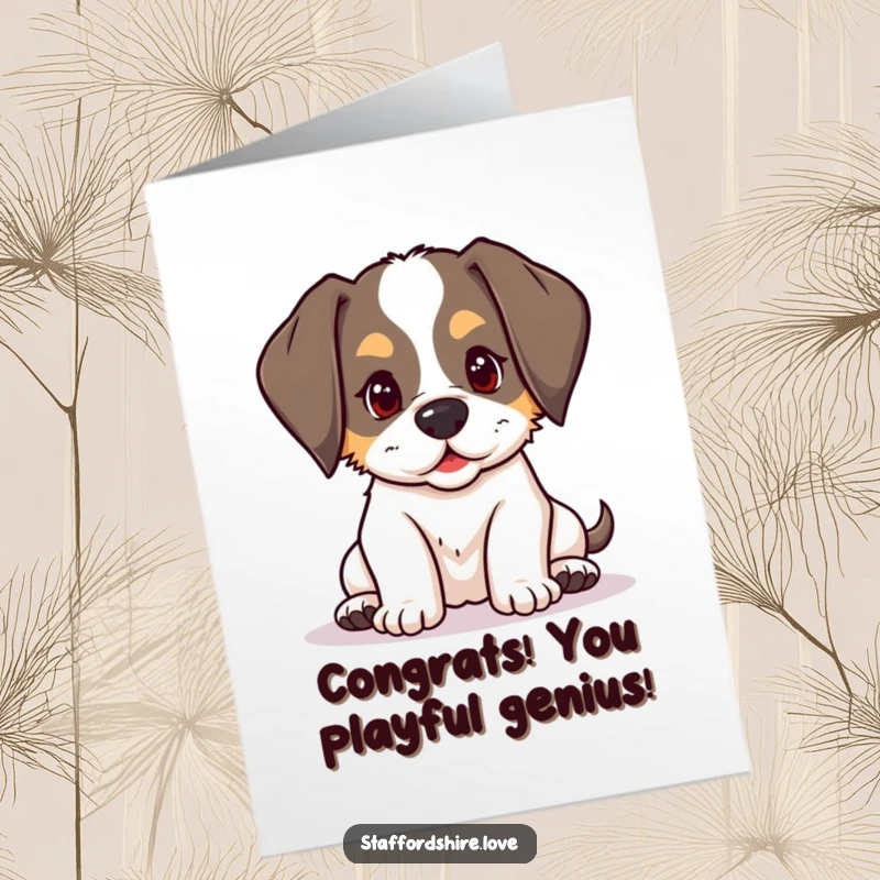 Funny Free Printable Congratulations Card: Kawaii Staffordshire puppy with floppy ears gently nudging, conveying happy congratulations, a cute downloadable.