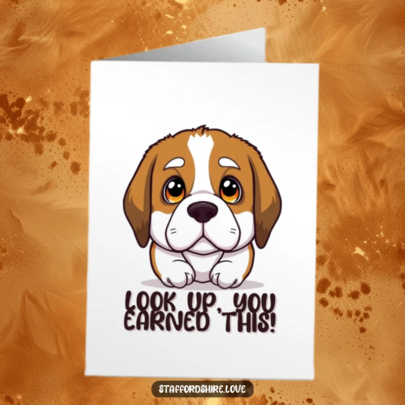 Funny Free Printable Congratulations Card: A Saint Bernard puppy looks up with big, soulful eyes, radiating pure happiness and shared pride.
