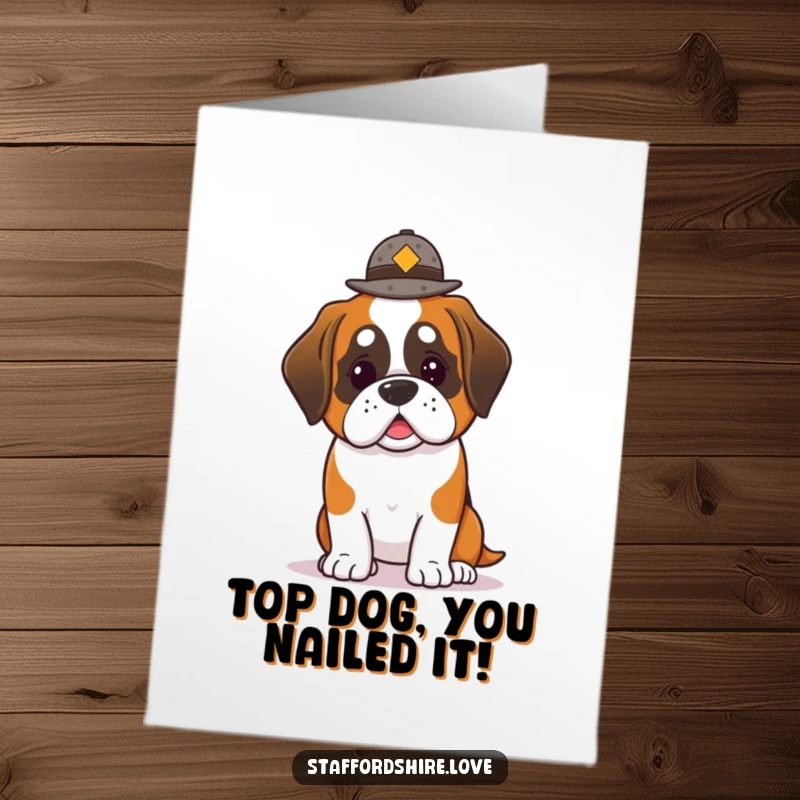 Funny Free Printable Congratulations Card: Adorable kawaii Saint Bernard attempting to balance a small hat with a determined expression.