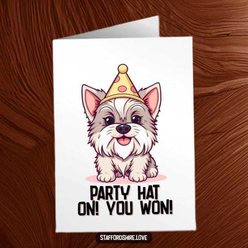 Funny Free Printable Congratulations Card: a Staffordshire with a goofy grin wearing a tiny, festive cone hat, celebrating wins.