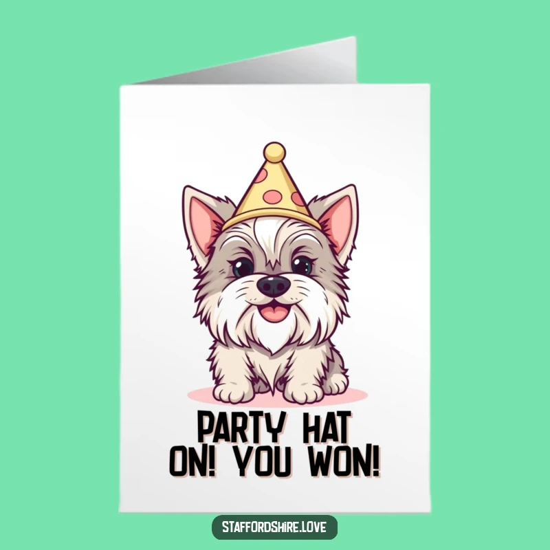 Free Printable Congrats Card: Silly Staffy Cone Hat, Amusing Downloadable Greeting