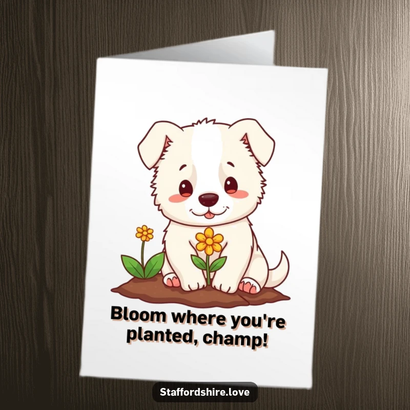 Free Printable Congratulations Card: Gentle Staffordshire planting a tiny colorful flower, symbolizing growth and new achievements.