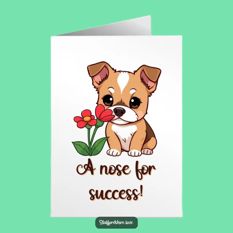 Free Printable Congrats Card: Staffy Flower Sniff, Funny Downloadable for New Beginnings