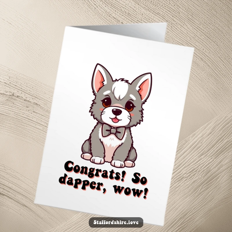 Funny Free Printable Congratulations card showcasing a kawaii Staffordshire in a small bowtie, sitting proudly, perfect for acknowledging distinguished achievements.