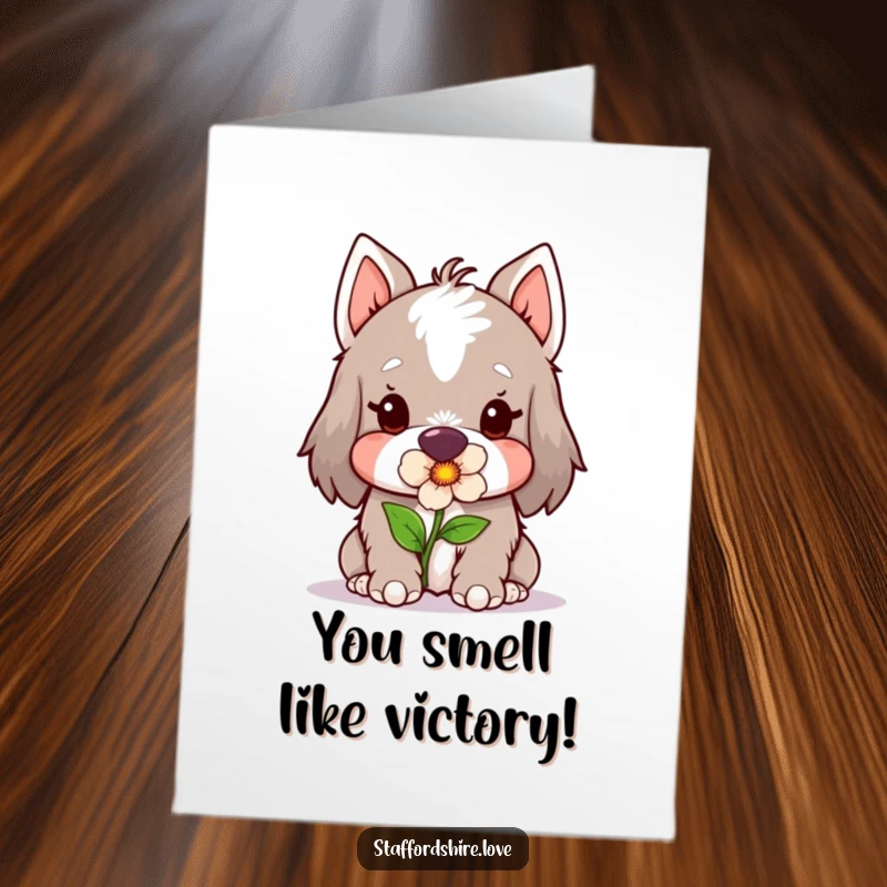 Funny Free Printable Congrats Card: Kawaii Staffordshire dog holding a flower gently, celebrating good news with tenderness.