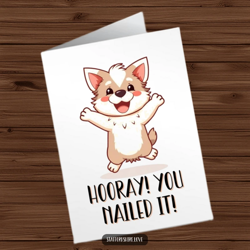 Funny Free Printable Congrats Card: Kawaii Staffordshire dog doing a happy, clumsy jump, celebrating achievements with glee.