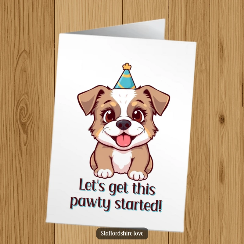 Funny free printable congratulations card: a Staffordshire dog sporting a party hat looks thrilled and ready for celebration.
