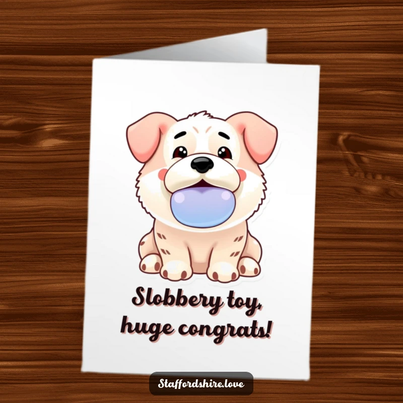 Funny Free Printable Congrats Card: Kawaii Staffordshire offers a slobbery toy with enthusiasm to celebrate a victory.
