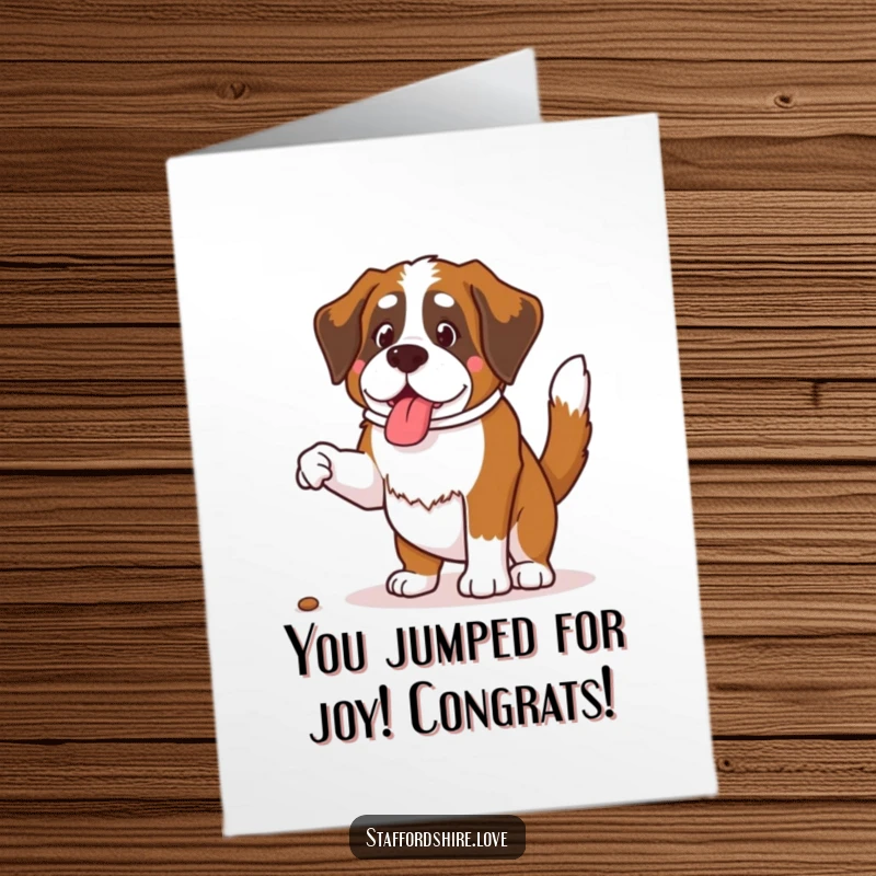 Funny Free Printable Congratulations Card: A Saint Bernard mid-air, tail wagging furiously, jumping excitedly for a well-deserved treat.