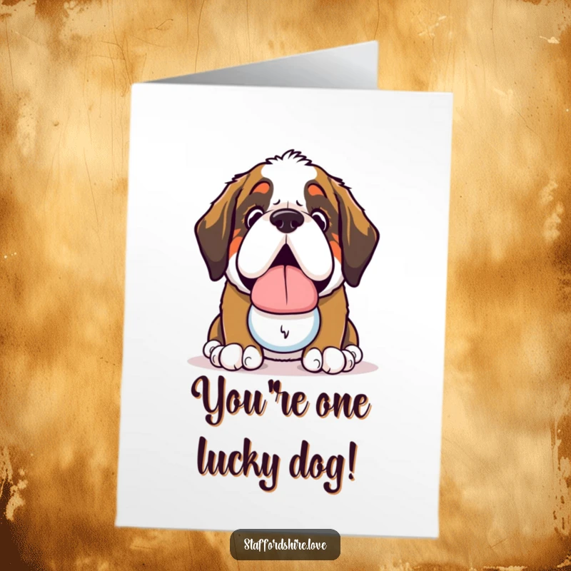 Funny Free Printable Congratulations Card: Adorable kawaii Saint Bernard offering a slobbery toy, sharing in the celebration.