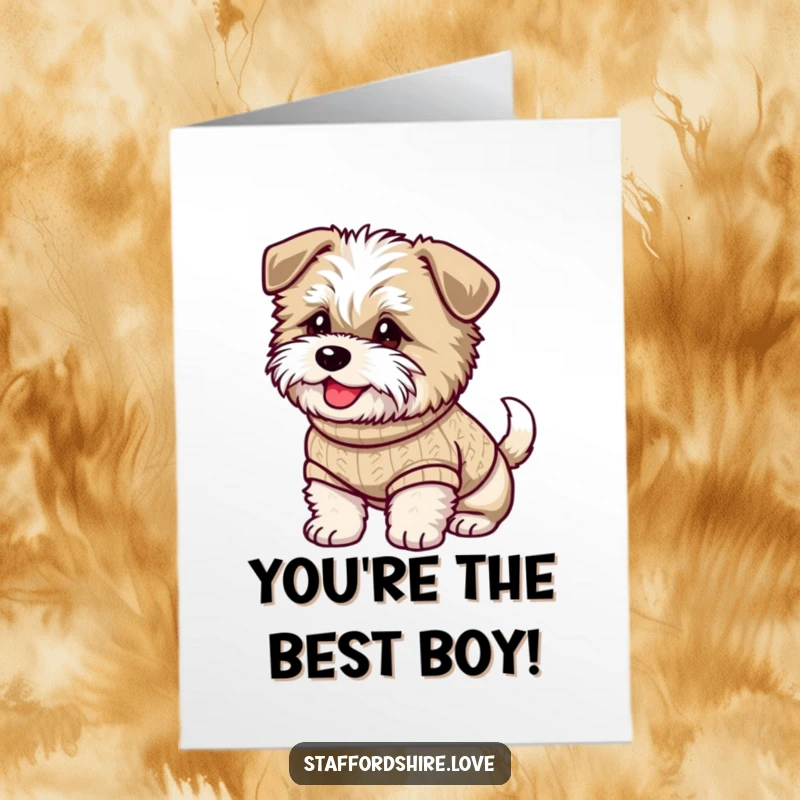 Funny free printable congratulations card: a happy Staffordshire dog in a sweater wags its tail enthusiastically.