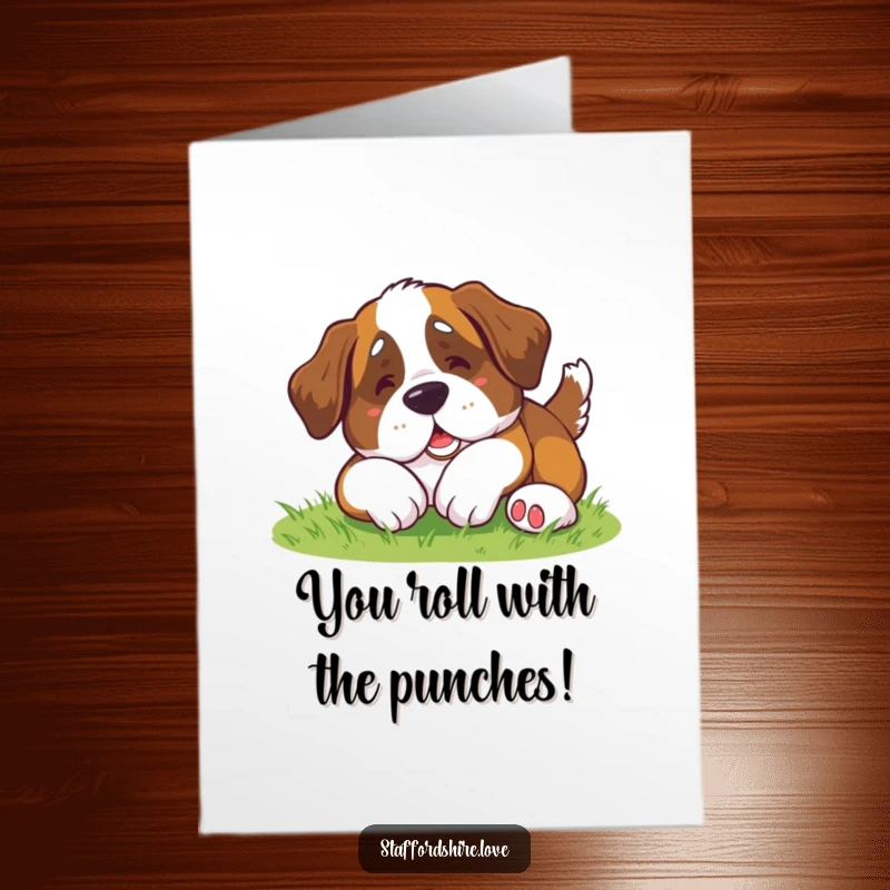Funny Free Printable Congratulations Card: A cute kawaii Saint Bernard doing a clumsy roll on grass, celebrating success.