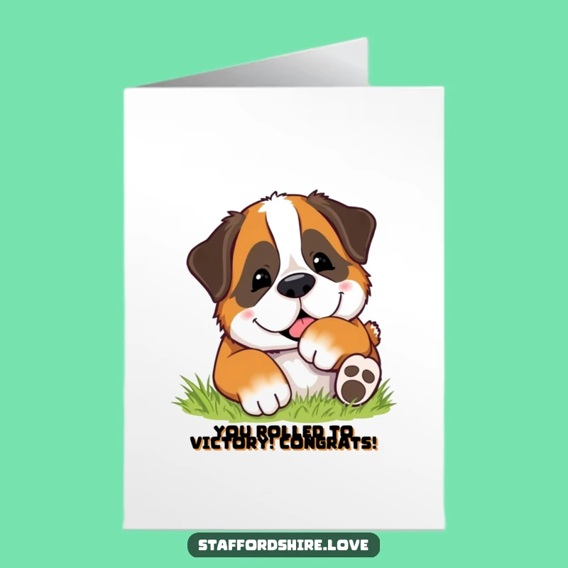 Free Printable Congrats Card: Happy Puppy Rolls in Triumph - Funny Downloadable Gift