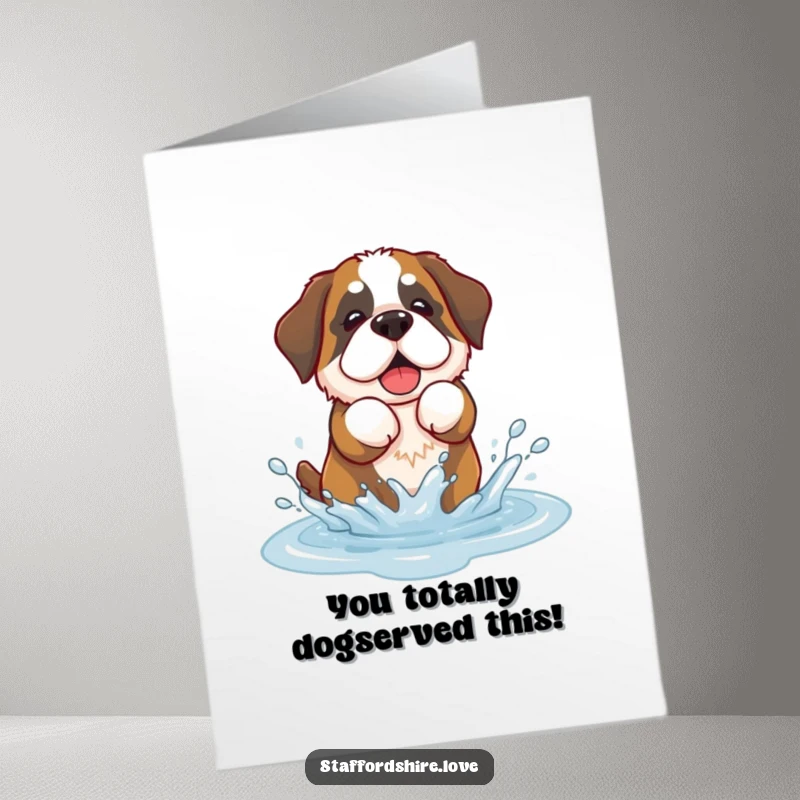 Funny Free Printable Congratulations Card: A kawaii Saint Bernard gleefully splashes in a puddle, signifying a triumphant achievement, downloadable art.