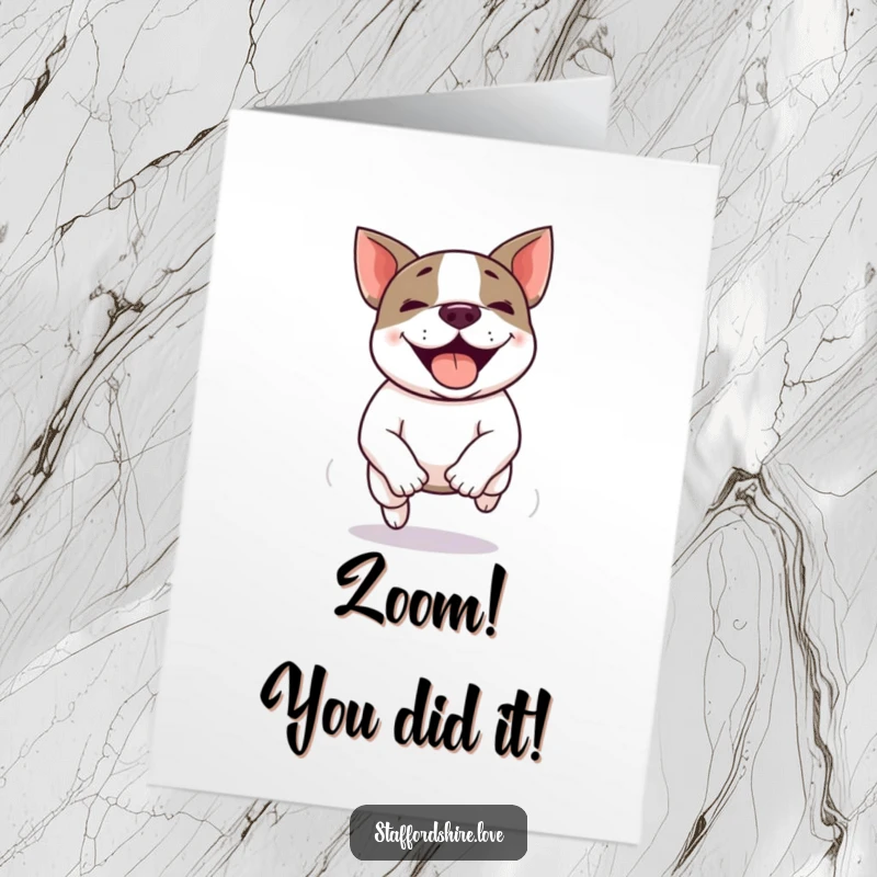 Funny Free Printable Congratulations Card: A Kawaii Staffy Bull Terrier in full zoomie mode, celebrating success with pure glee.