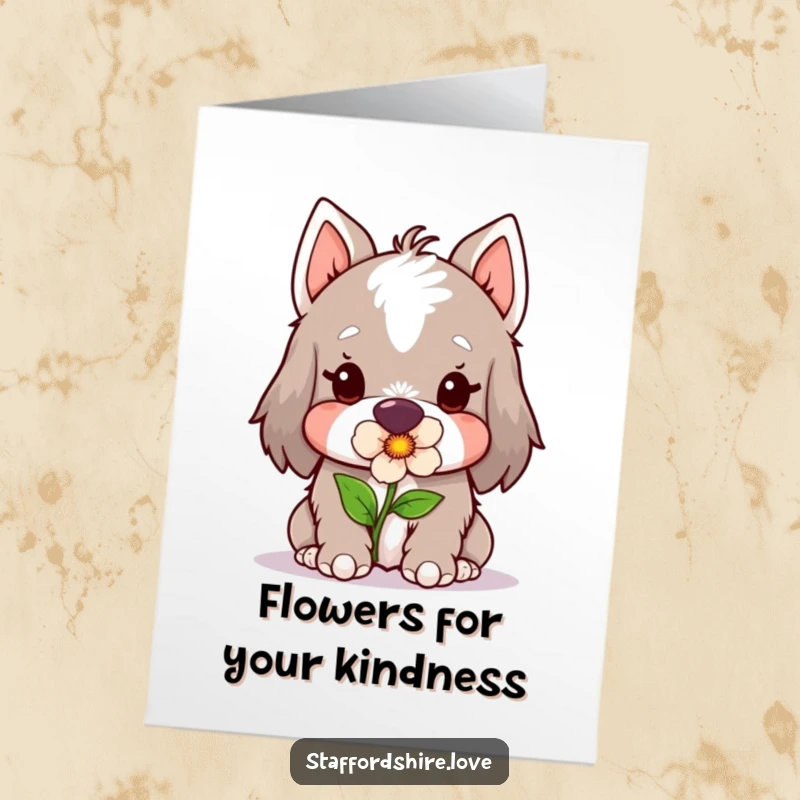 Funny Free Printable Thank You Card: Kawaii Staffordshire dog holding a flower gently, offering a symbol of thanks.