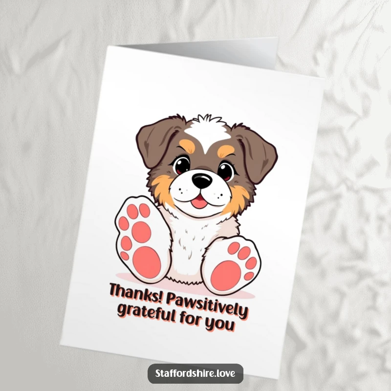Funny Free Printable Thank You card featuring a kawaii Staffordshire with large paws, reaching for a toy, conveying thanks with eager affection.