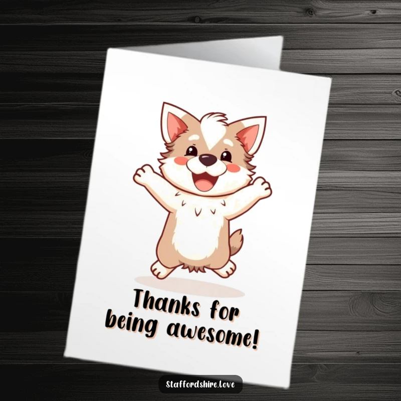 Funny Free Printable Thank You Card: Kawaii Staffordshire dog doing a happy, clumsy jump, showing thanks with enthusiasm.