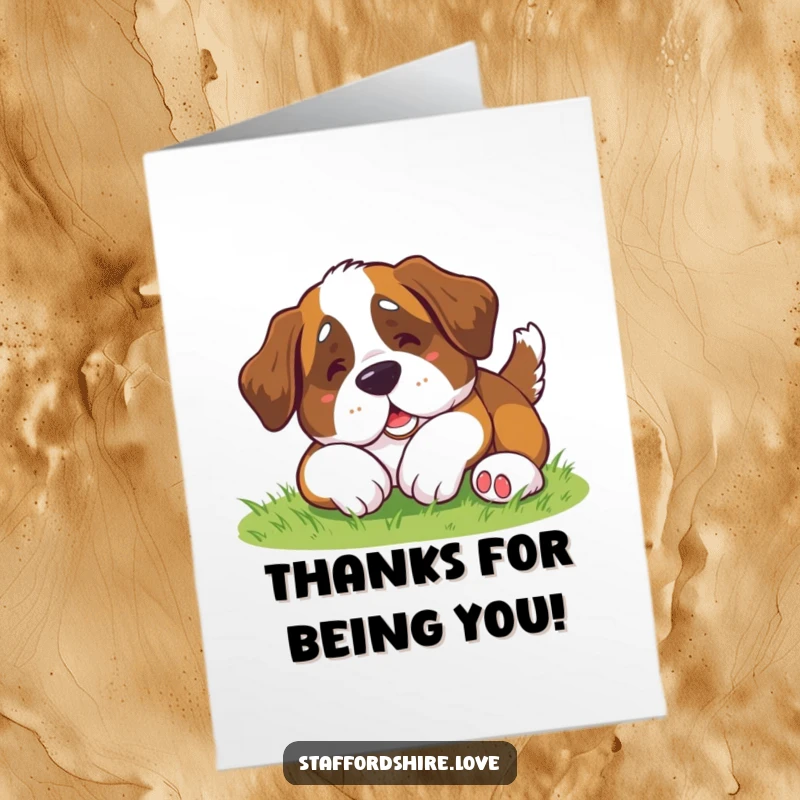 Funny Free Printable Thank You Card: A sweet kawaii Saint Bernard doing a clumsy roll on grass, offering thanks.