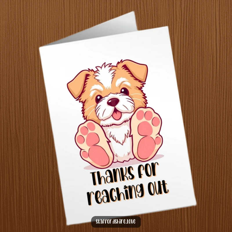 Funny Free Printable Thank You Card: Kawaii Staffordshire dog with big paws reaches for a toy to say thanks.