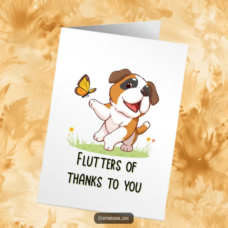 Funny Free Printable Thank You Card: A Saint Bernard puppy playfully chases a butterfly, symbolizing joyful appreciation and gratitude.