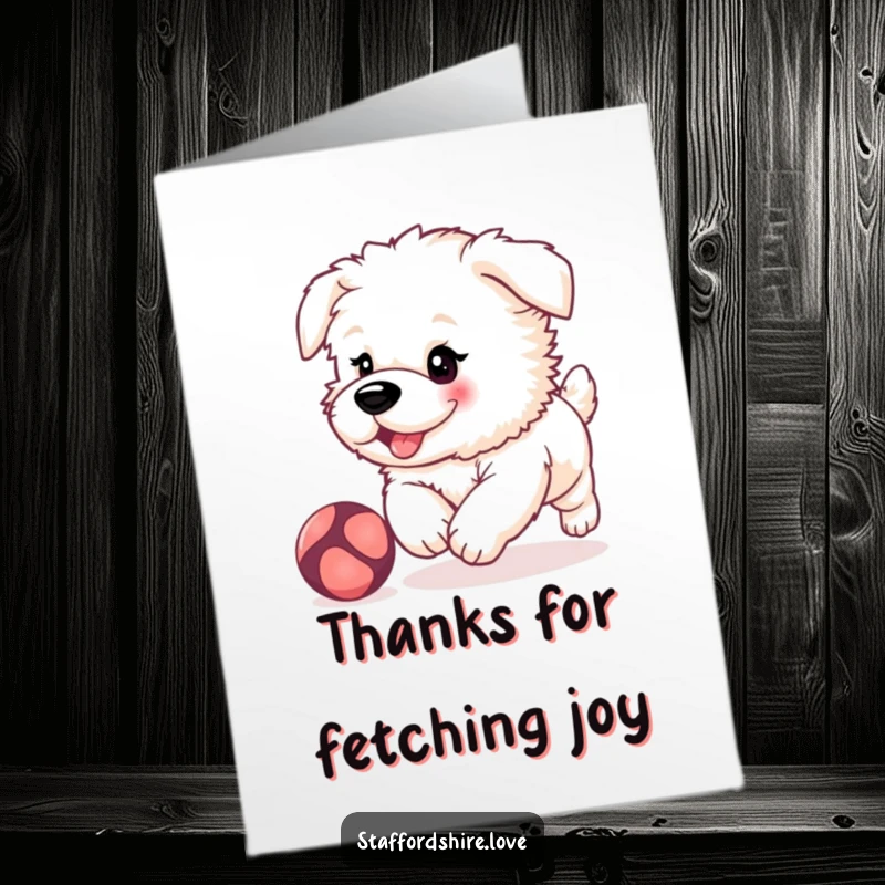 Funny Free Printable Thank You Card: A fluffy Staffordshire puppy with rosy cheeks, playfully chasing a ball to show its thanks.