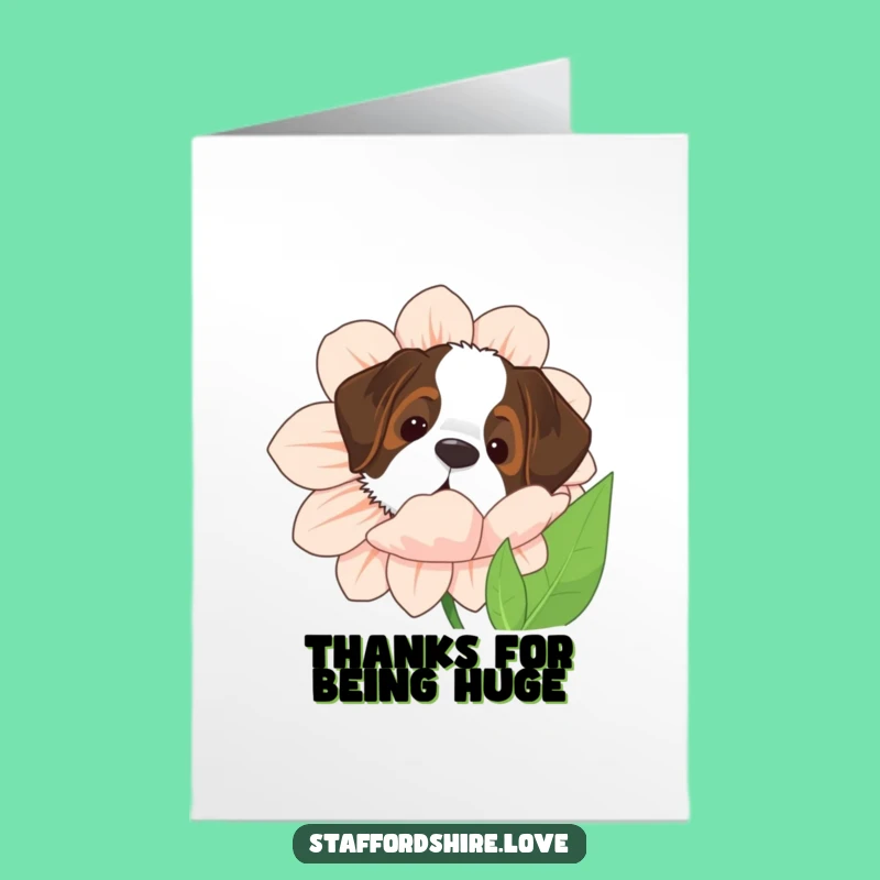 Free Printable Thank You Card: Saint Bernard Peeking, Flower Surprise Download