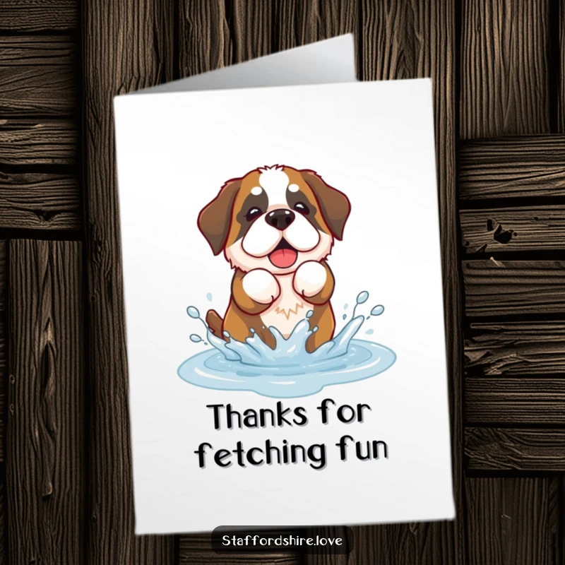 Funny Free Printable Thank You Card: A kawaii Saint Bernard splashes happily, expressing sweet thanks, a delightful downloadable art.